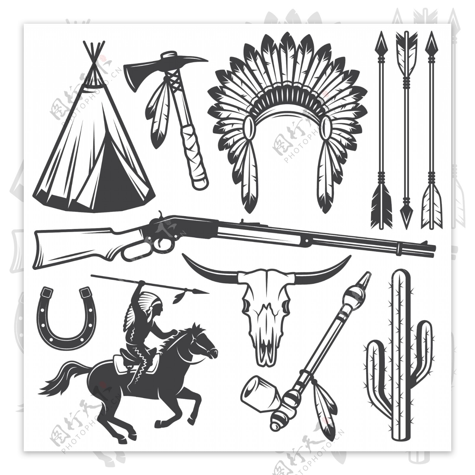 手绘矢量西部牛仔印第安图案