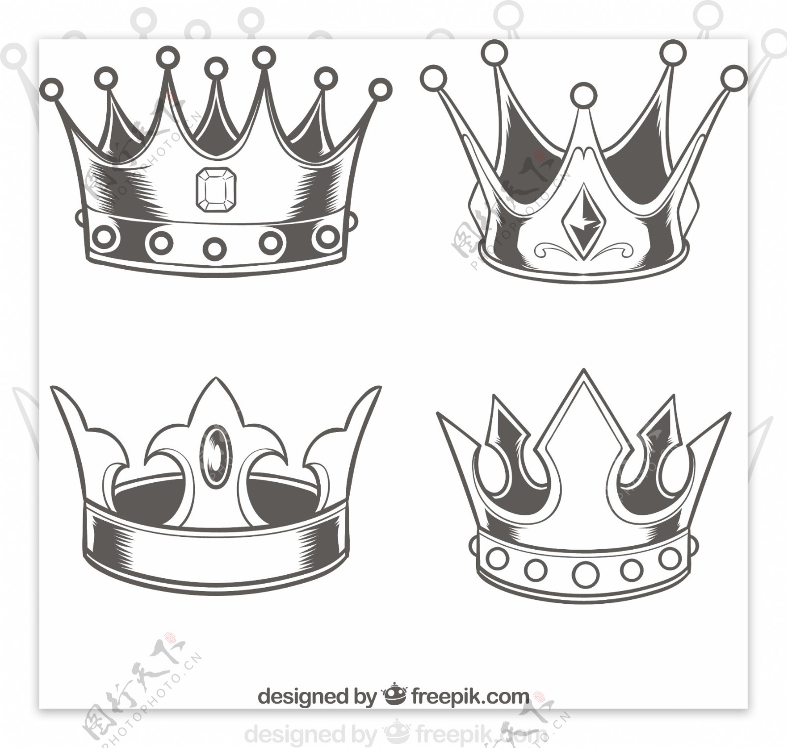 四个写实素描风格皇冠设计素材