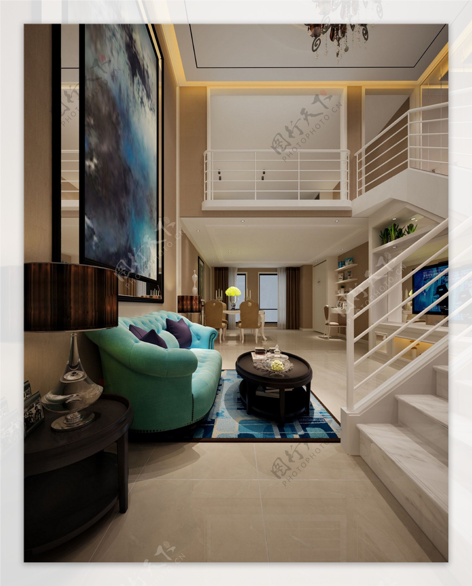 欧式时尚客厅沙发楼梯设计图
