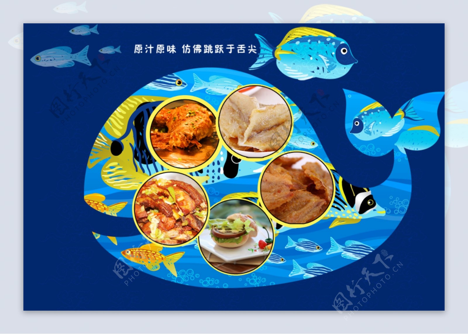 蓝色海豚海鲜食品蓝色背景