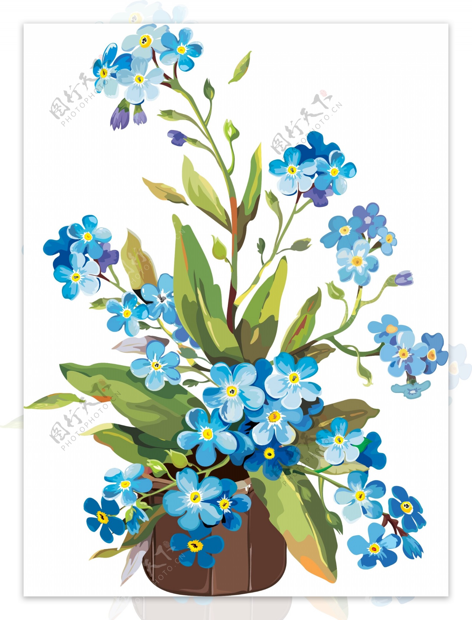 卡通矢量手绘水彩蓝色花盆商业插画设计元素