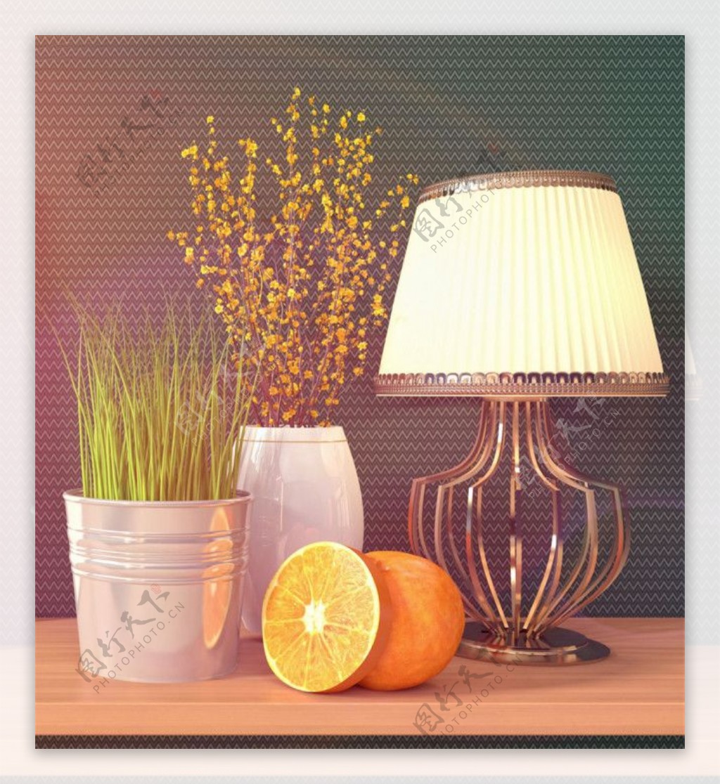 台灯鲜橙和花瓶图片