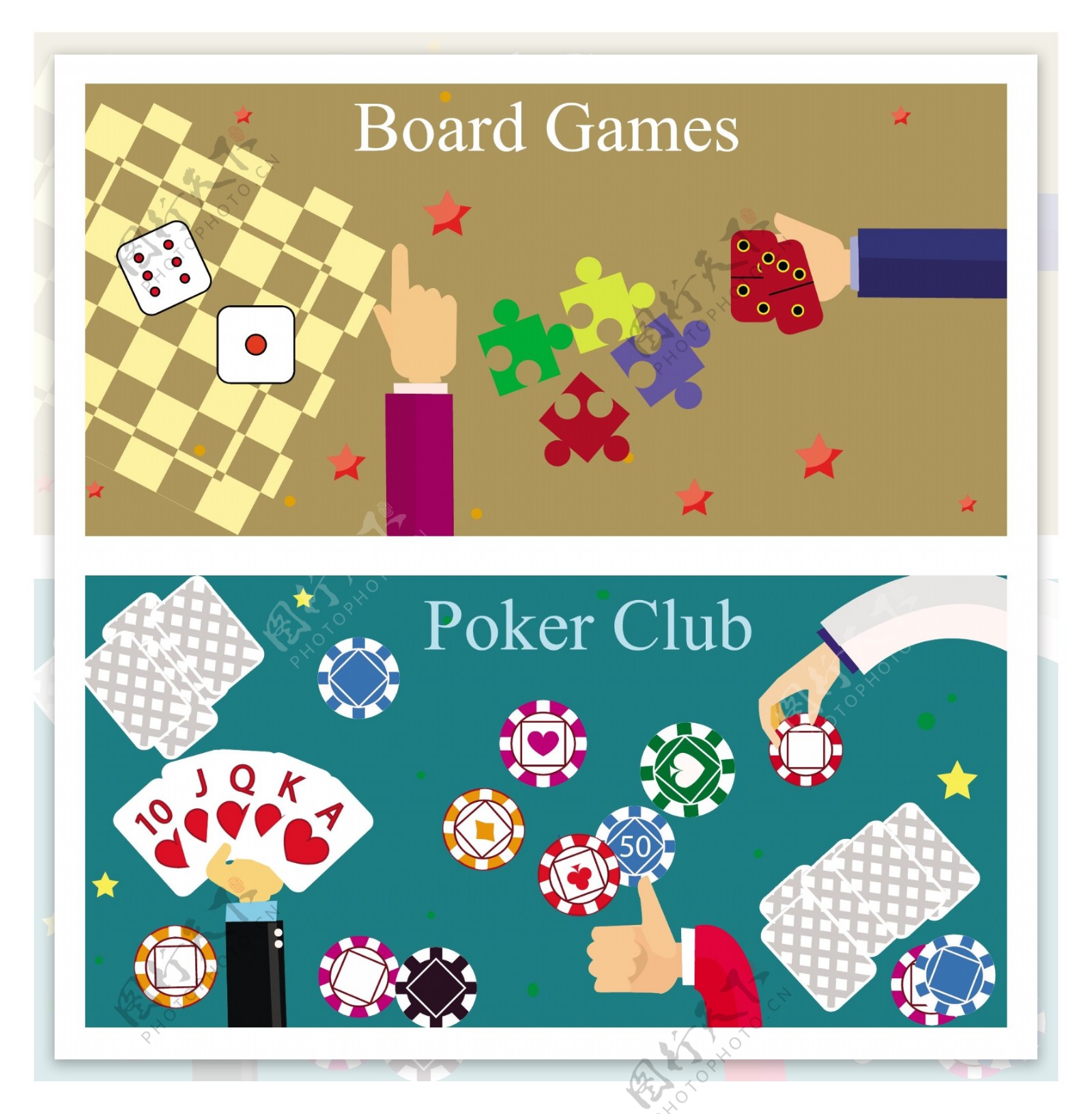 董事会扑克赌博游戏旗帜与丰富多彩的设计