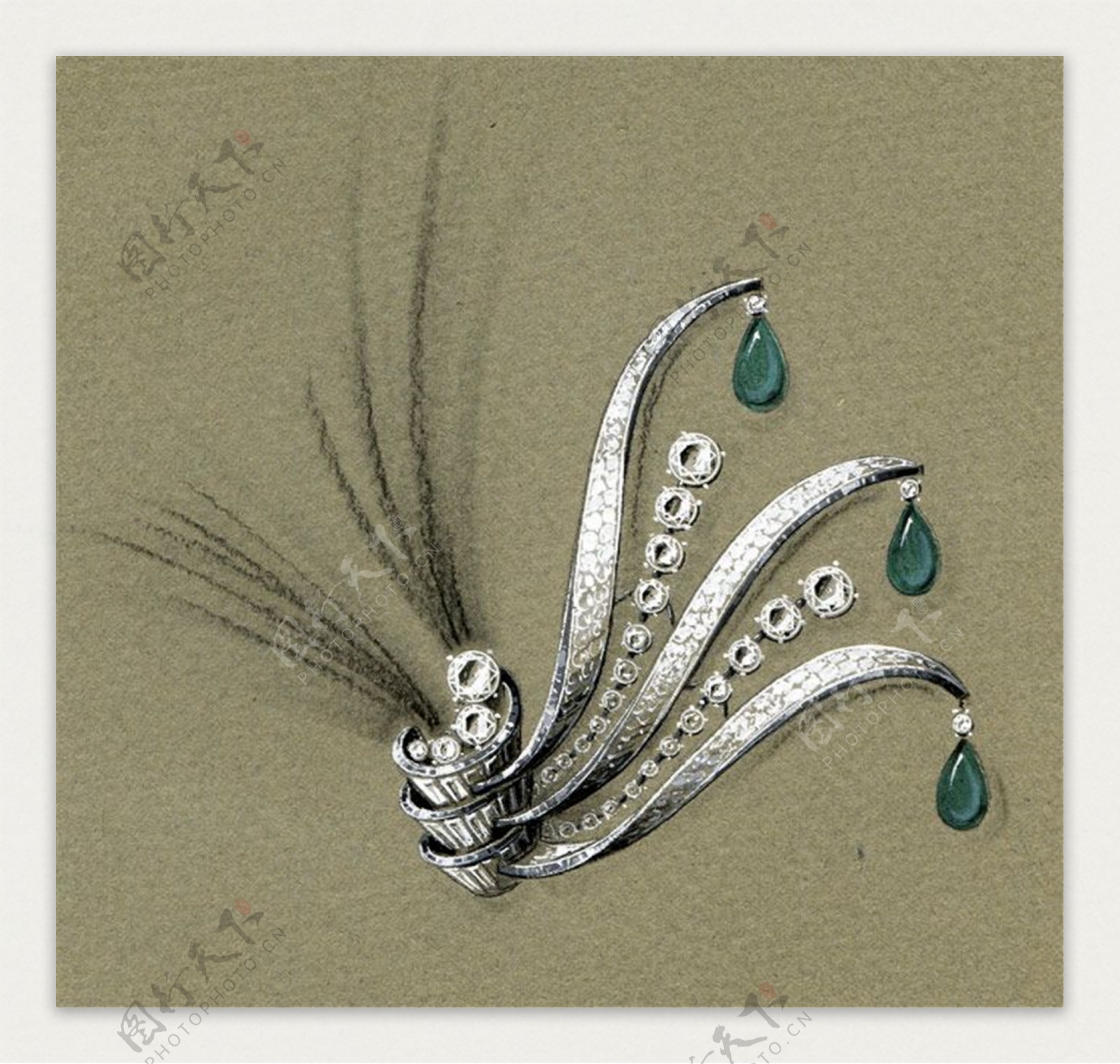 手绘时尚孔雀尾绿宝石首饰设计