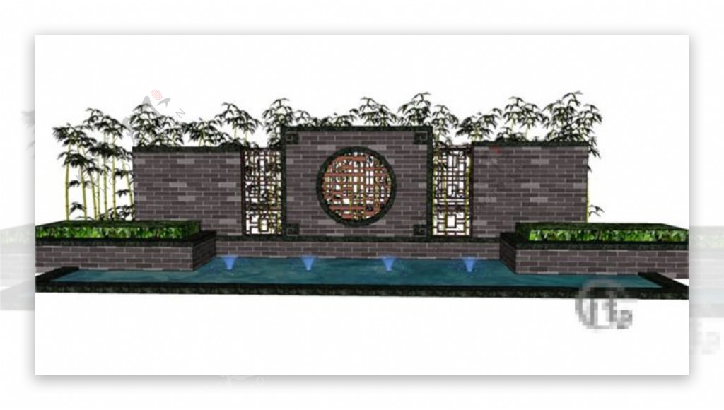 中式景观墙效果图skp模型