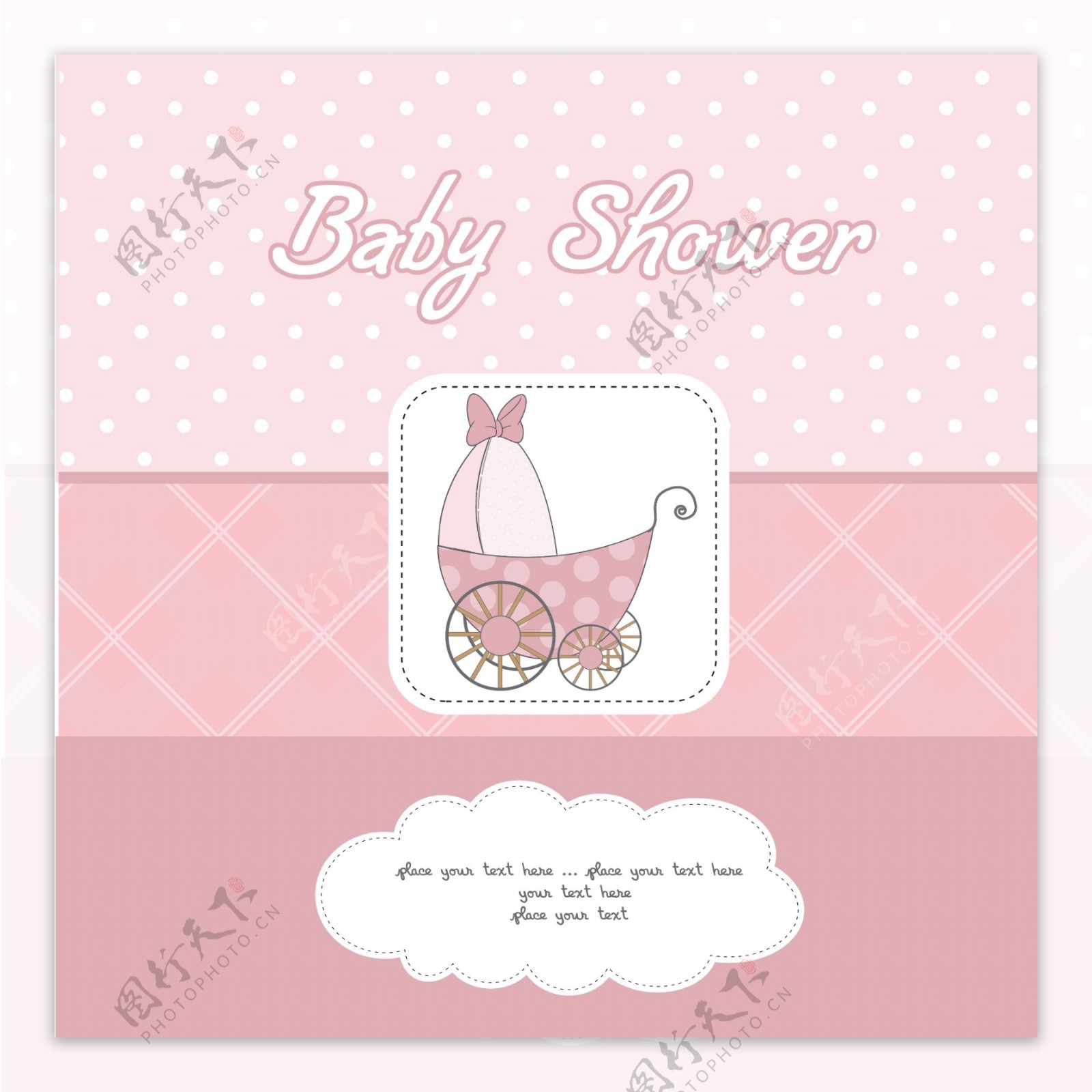 婴儿淋浴粉红色卡片与童车