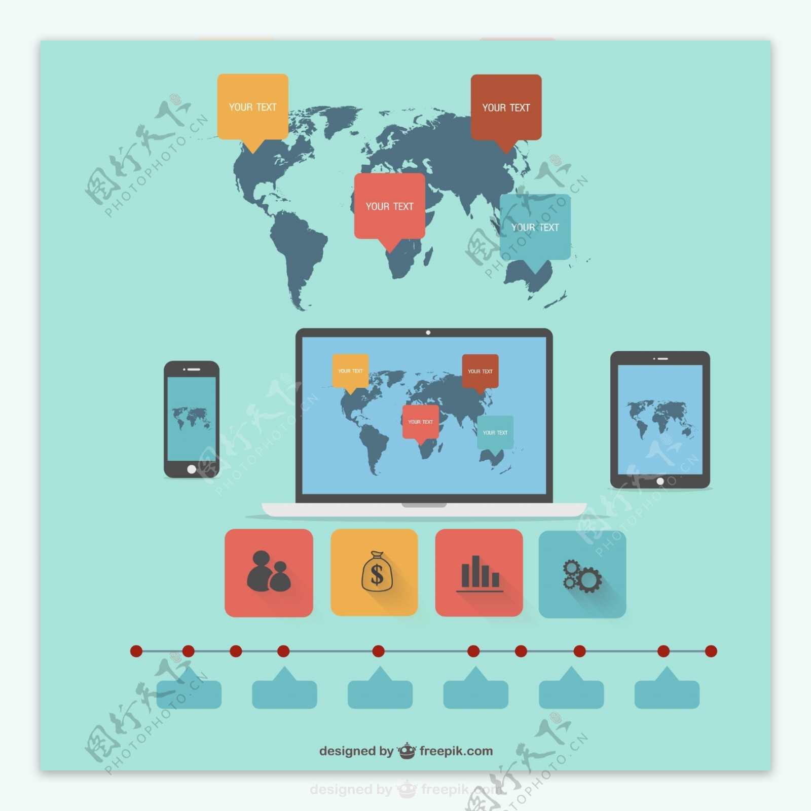 电子设备的信息图表和世界地图