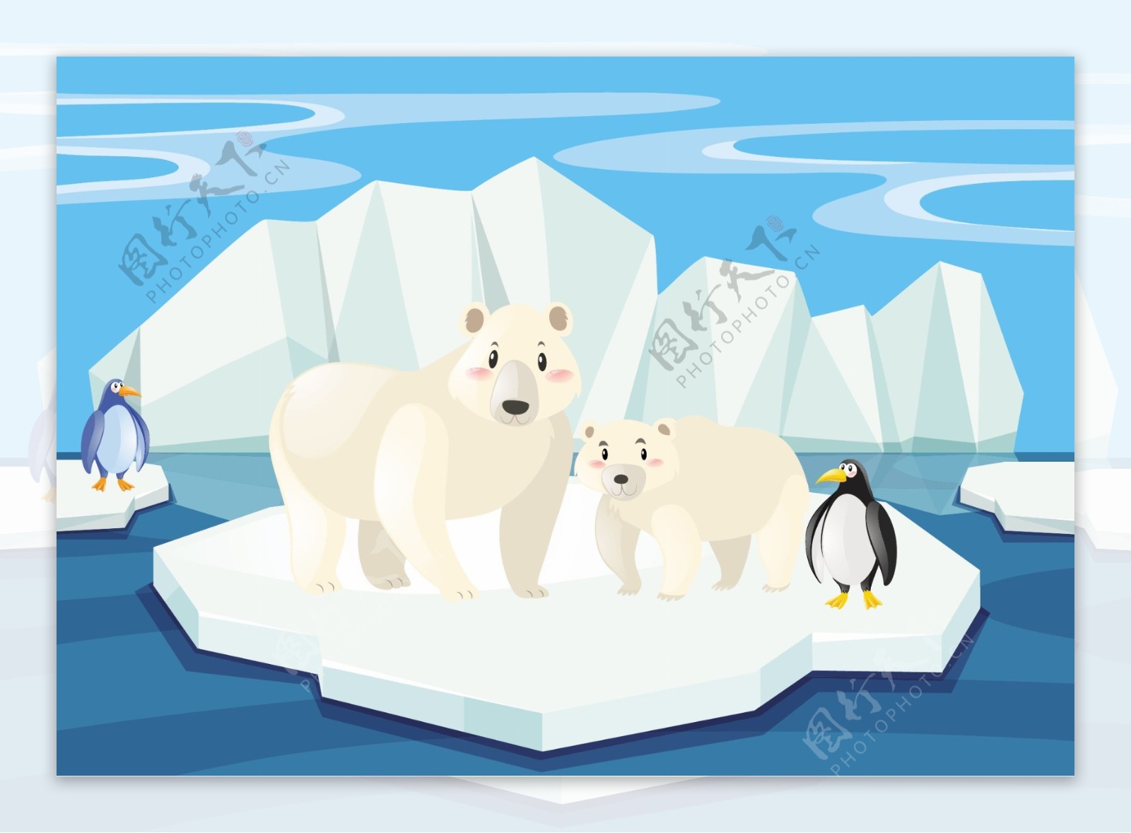 冰山上的北极熊和企鹅的场景