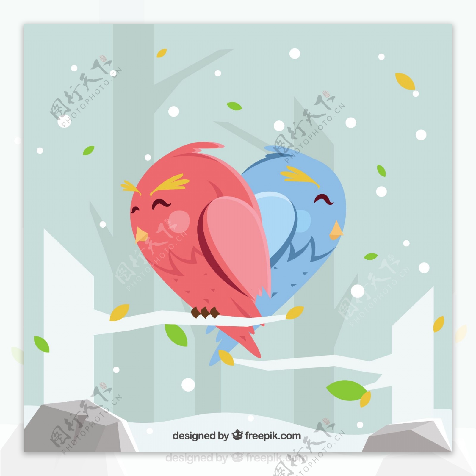 冬天的背景与可爱的鸟形成一个心脏