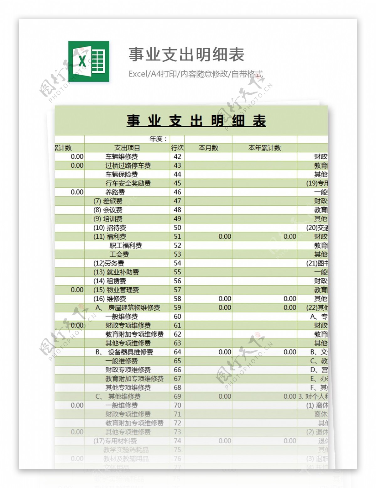 事业支出明细表excel模板