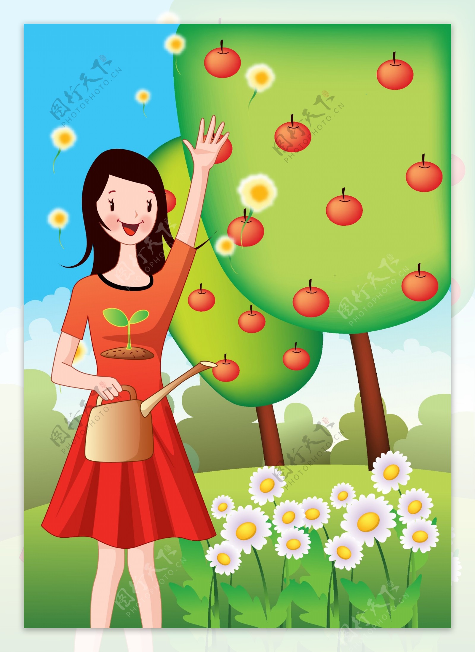 植树节灌溉苹果树的女性