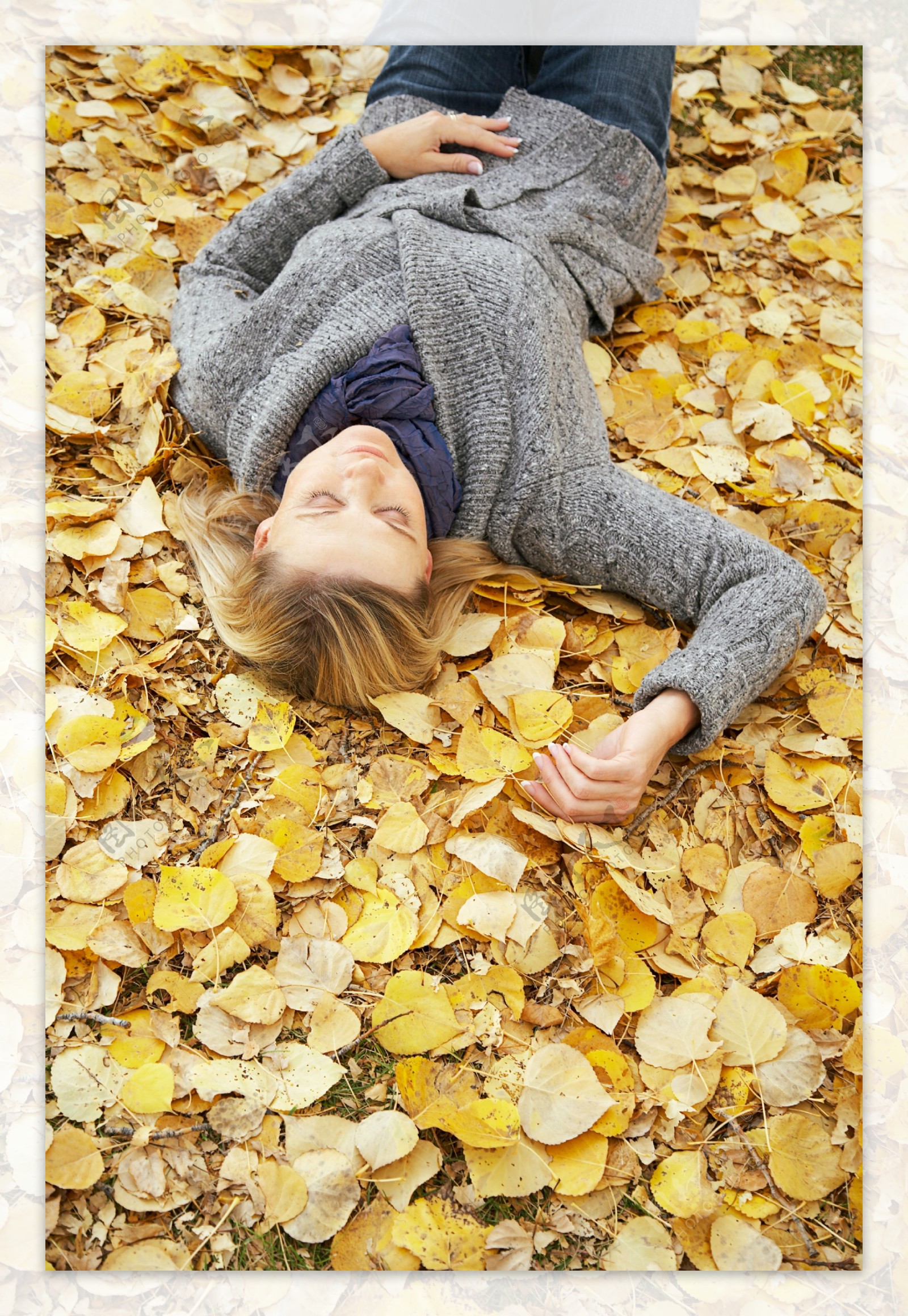 躺在树叶的上的美女图片