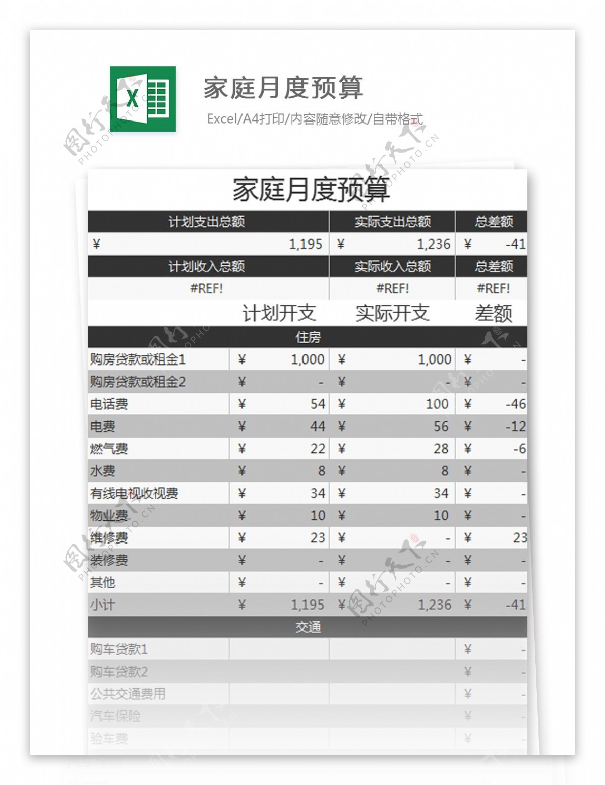 家庭月度预算excel模板