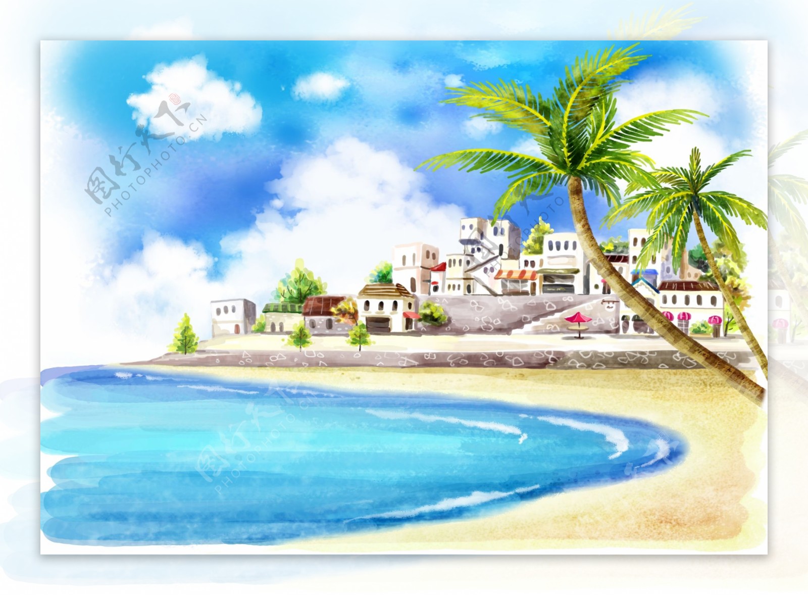 清凉夏日沙滩风景插画图片