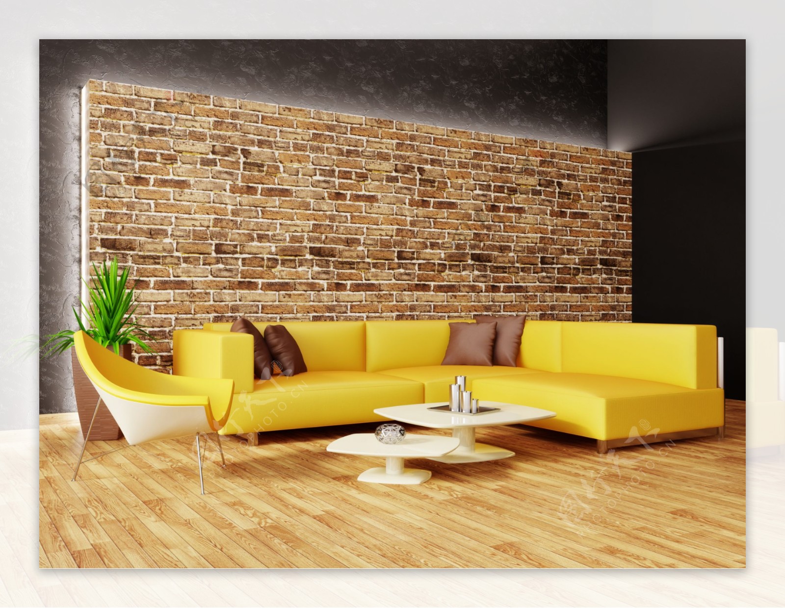 黄色沙发和背景墙图片