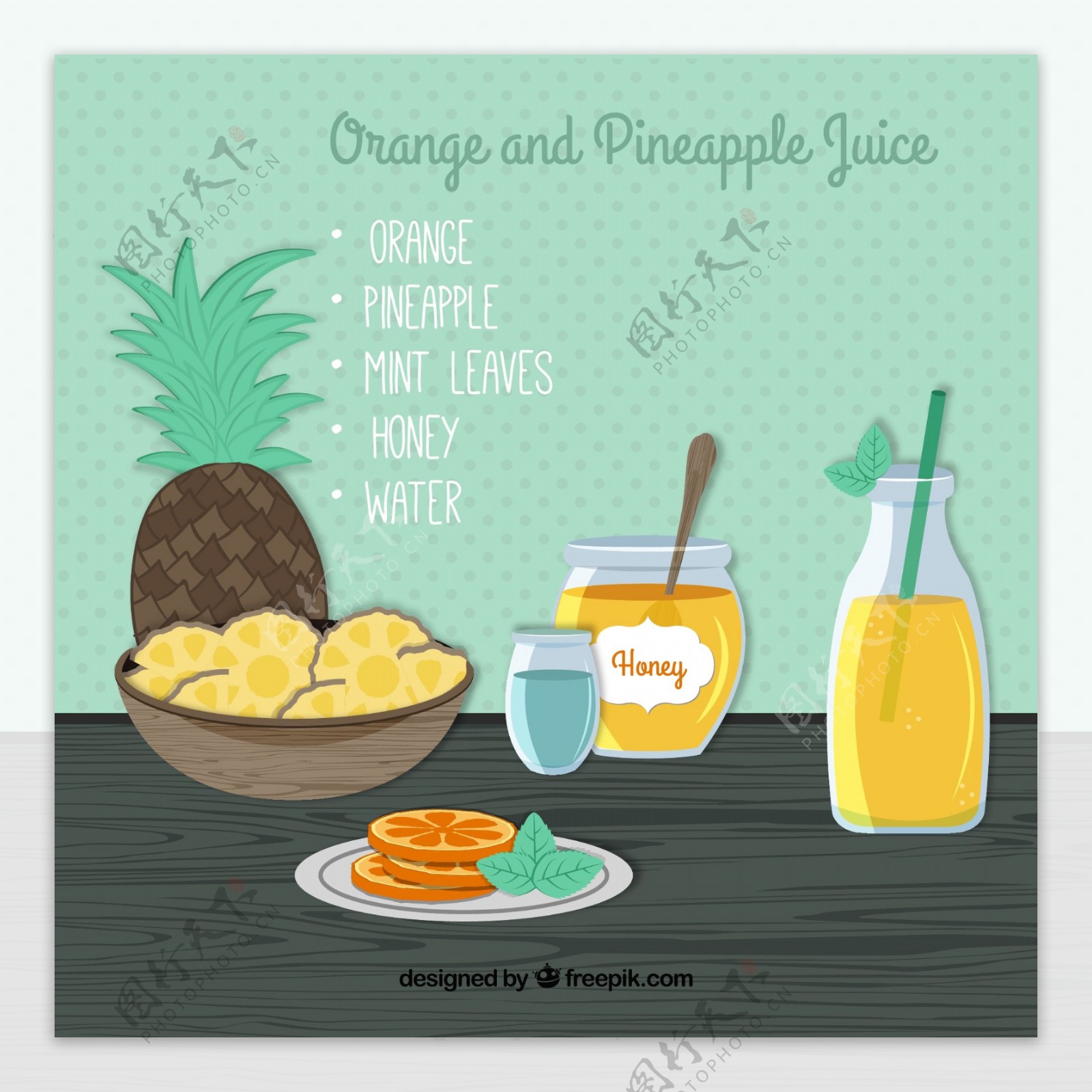美味橙子和菠萝汁矢量素材图片