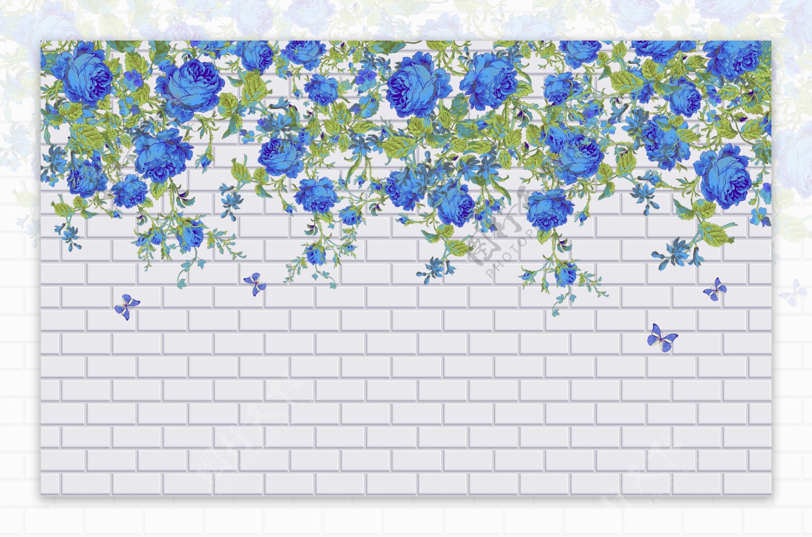 蓝色花卉砖墙背景墙