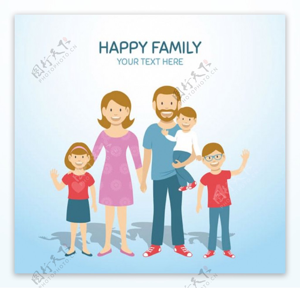 三个孩子的幸福家庭插画矢量素材下载