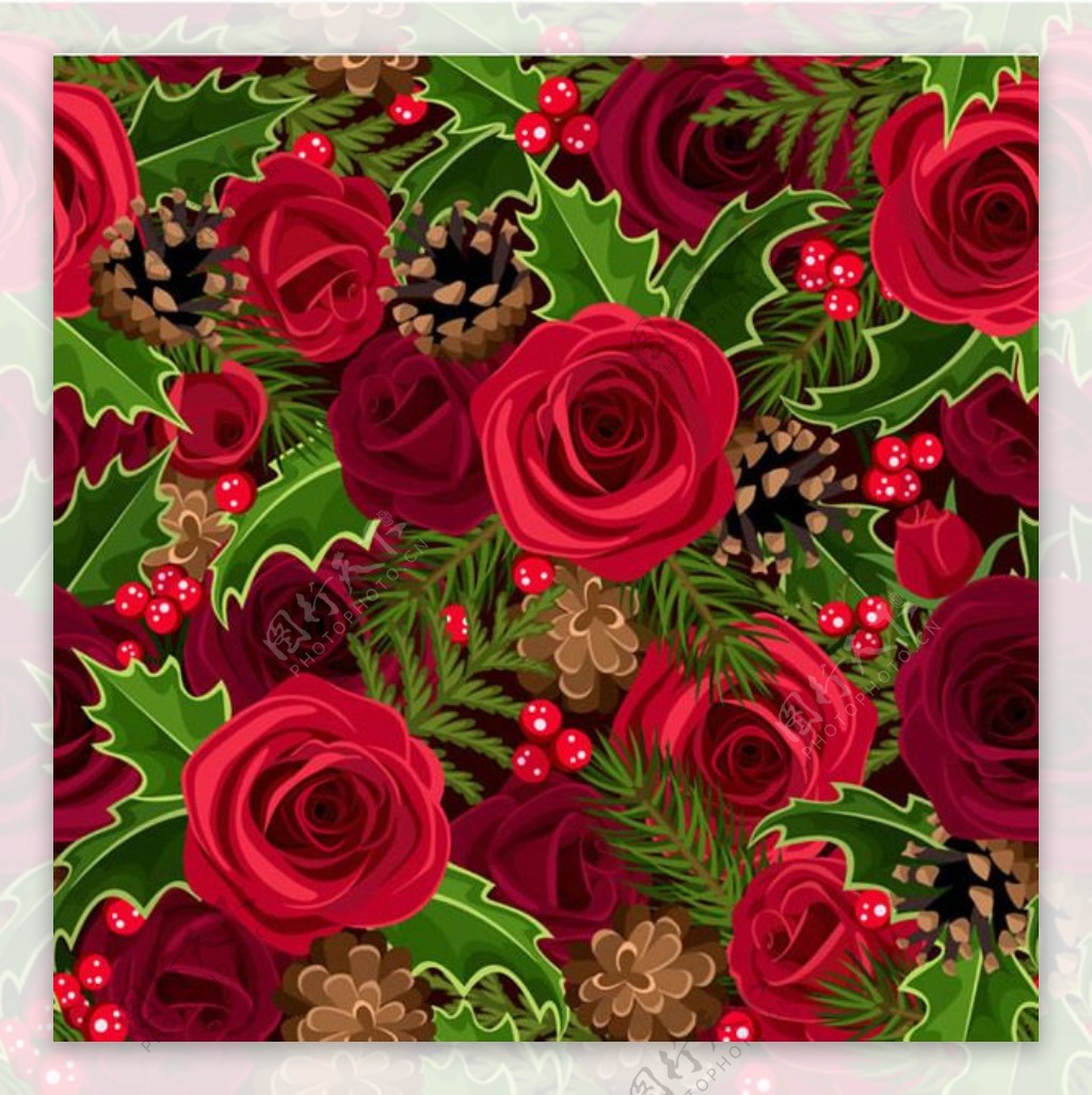 红玫瑰和枸骨无缝背景矢量素材下载