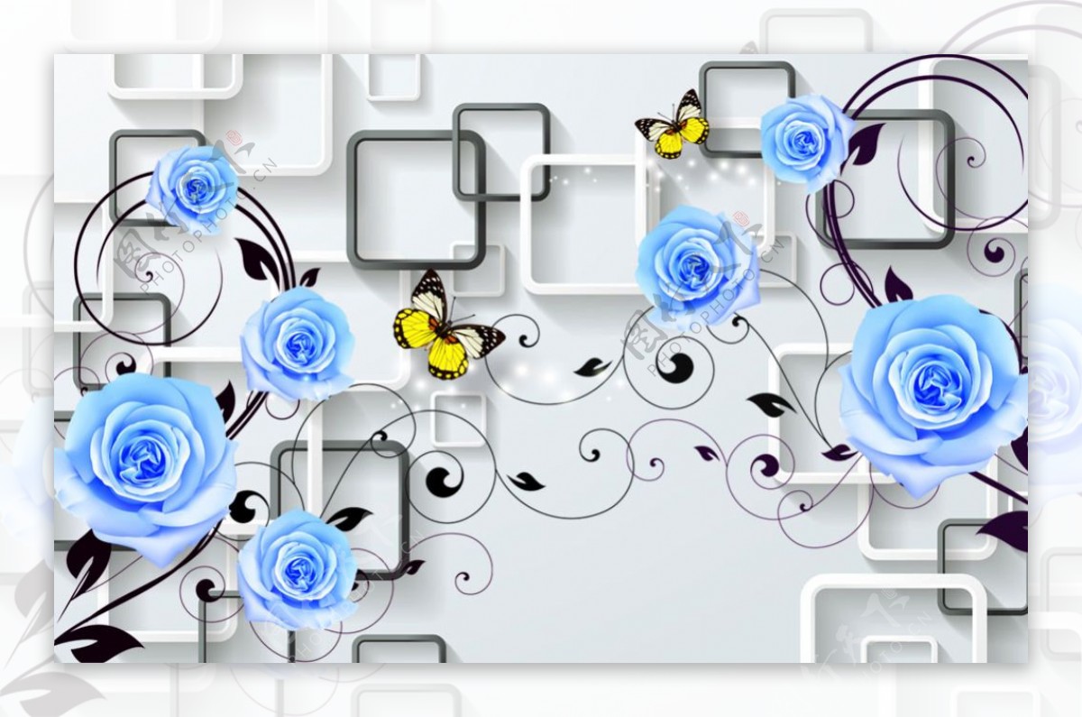 蓝玫瑰3D时尚背景墙