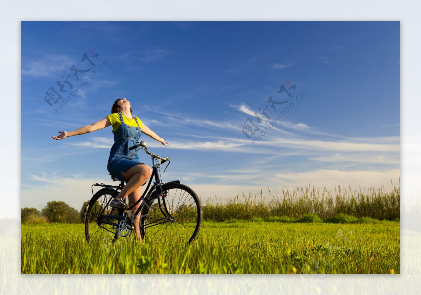 草地上骑自行车的女人图片