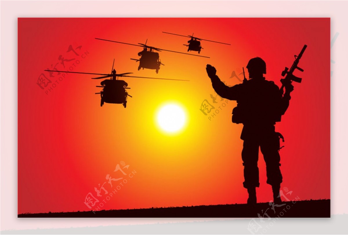 士兵和直升机剪影矢量图