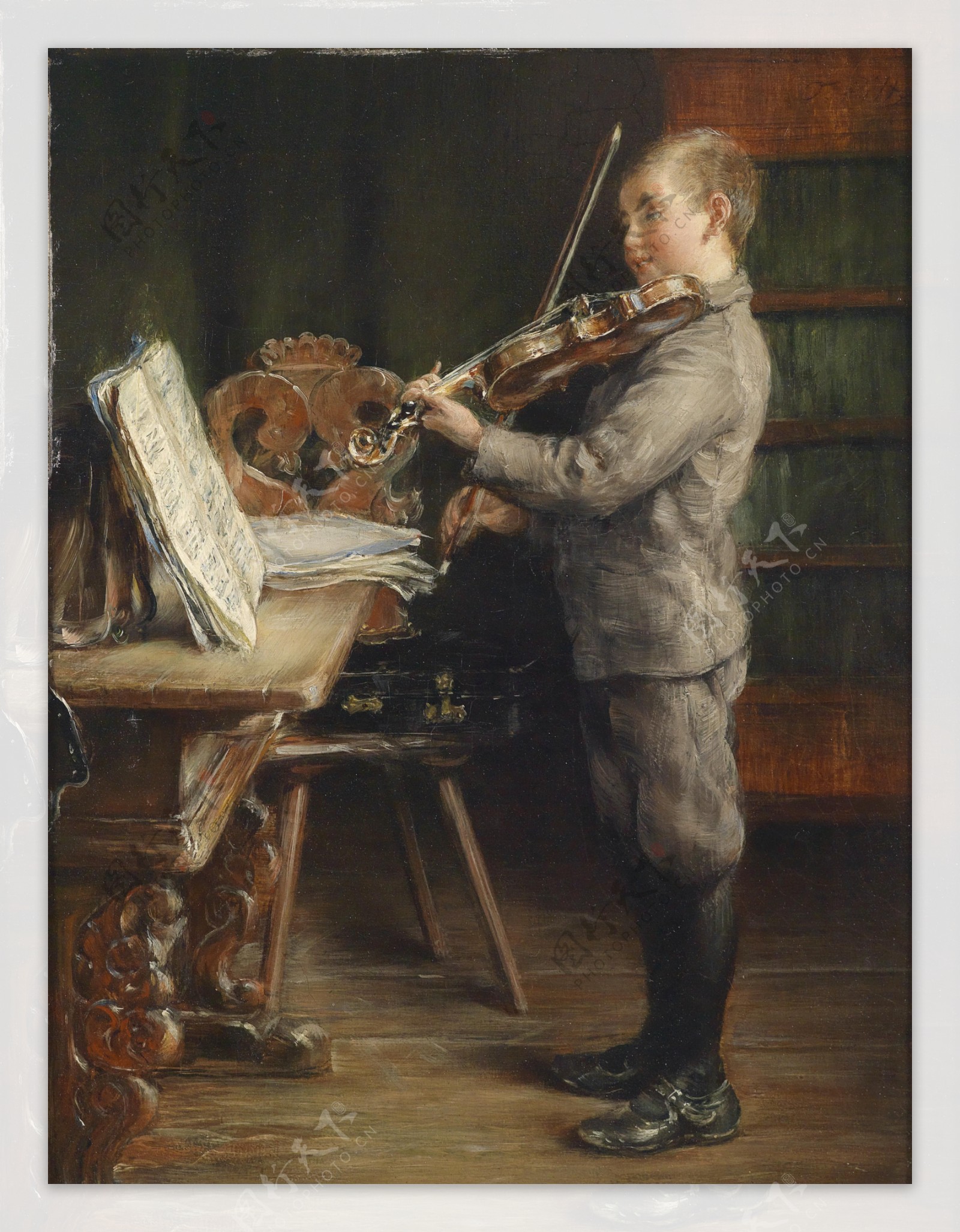 小男孩小提琴油画图片