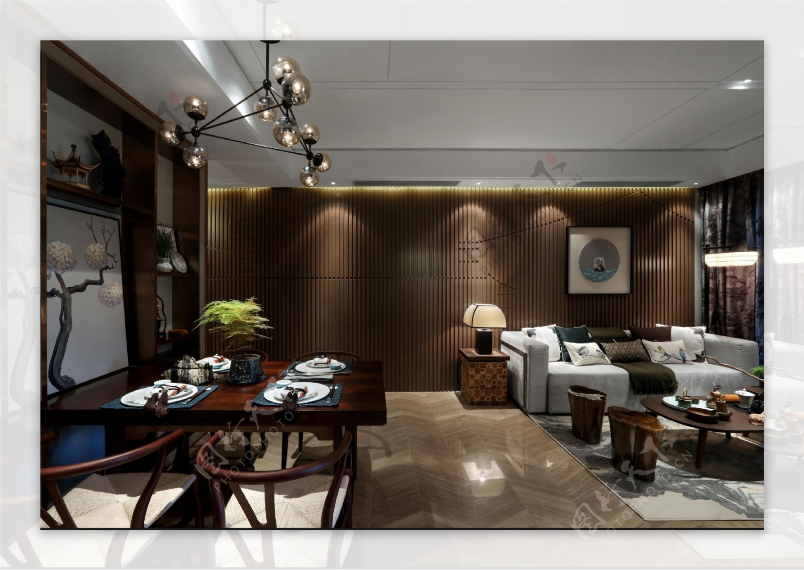 中式红木客厅餐厅装修效果图