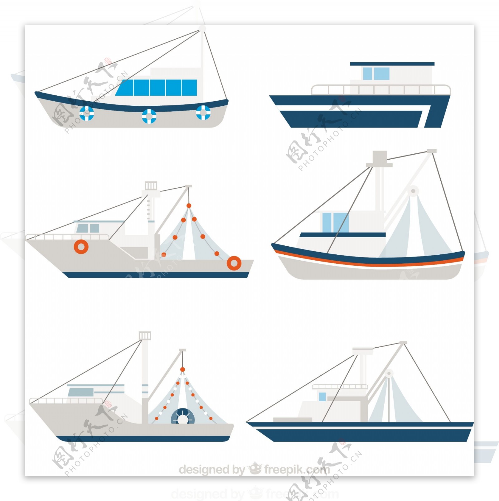 手绘各种渔船插图