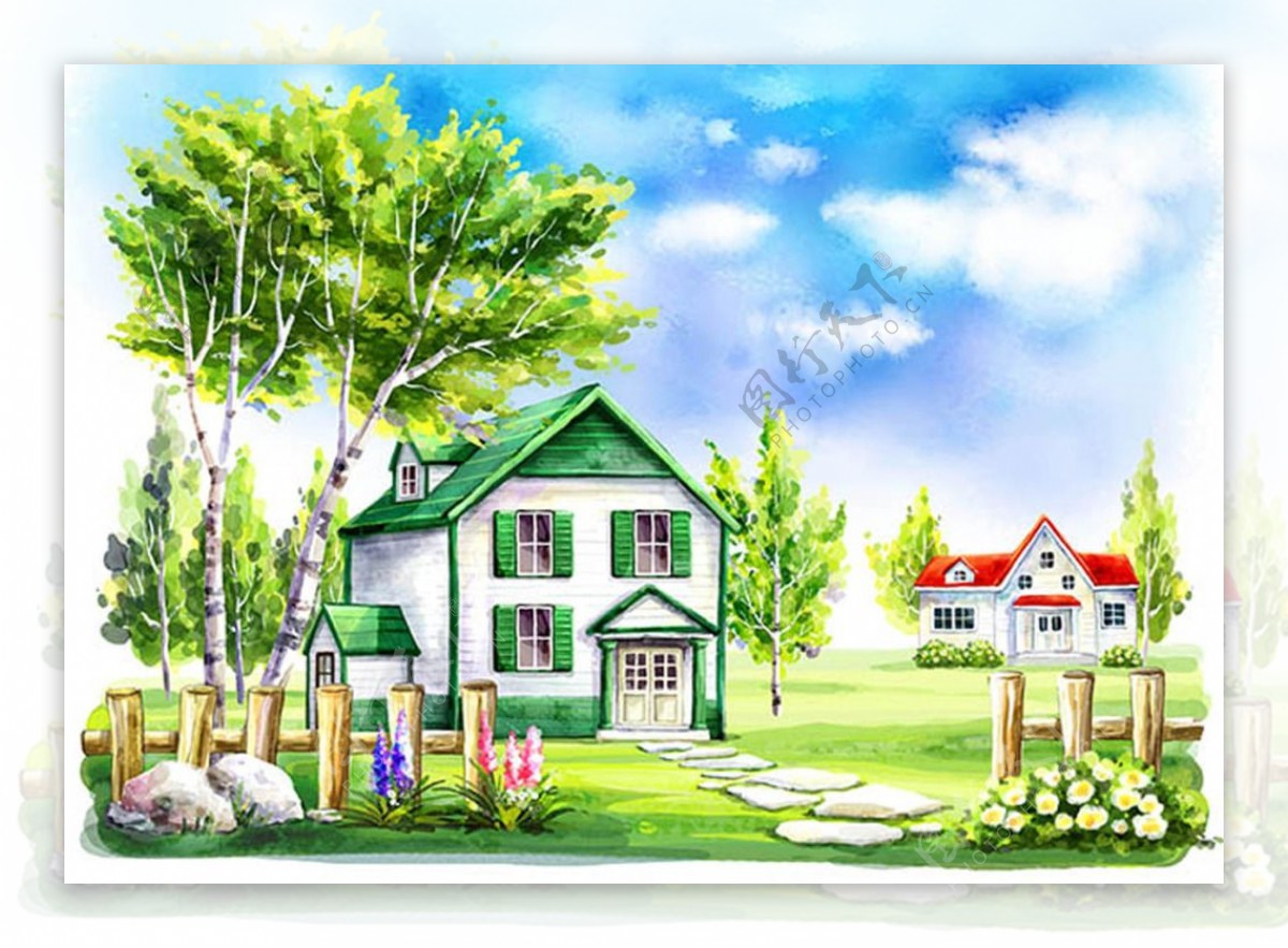 清新树林里的房子插画图片设计psd素材