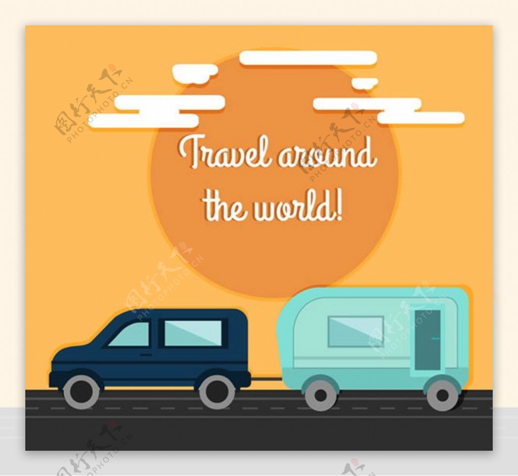 私家车和房车环球旅行插画矢量素材下载