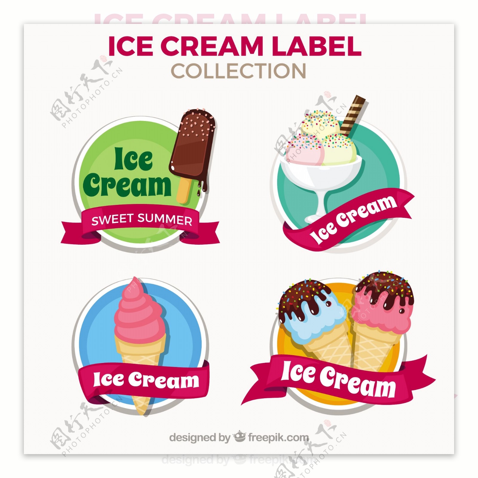 漂亮的手绘风格冰淇淋雪糕贴纸标签