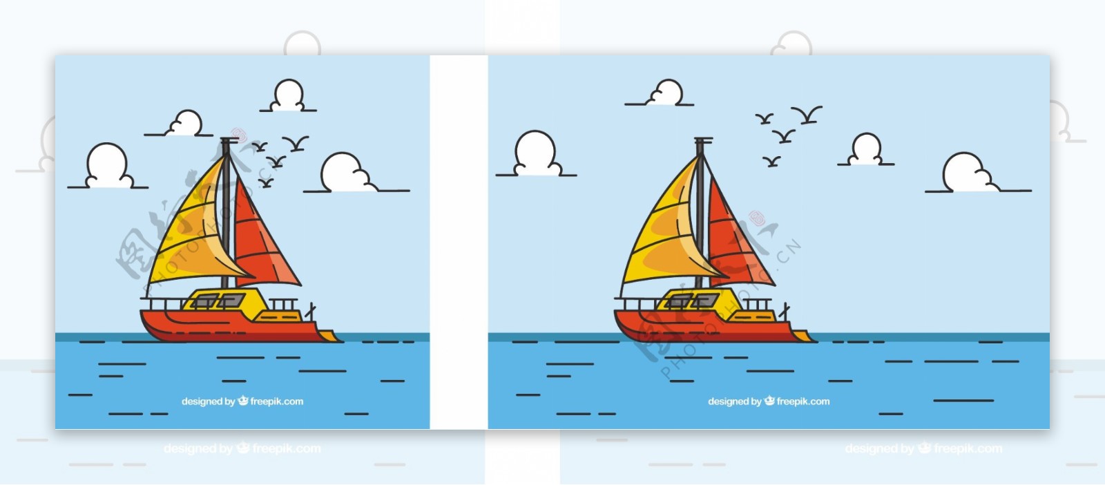 彩色背景船和鸟在平面设计