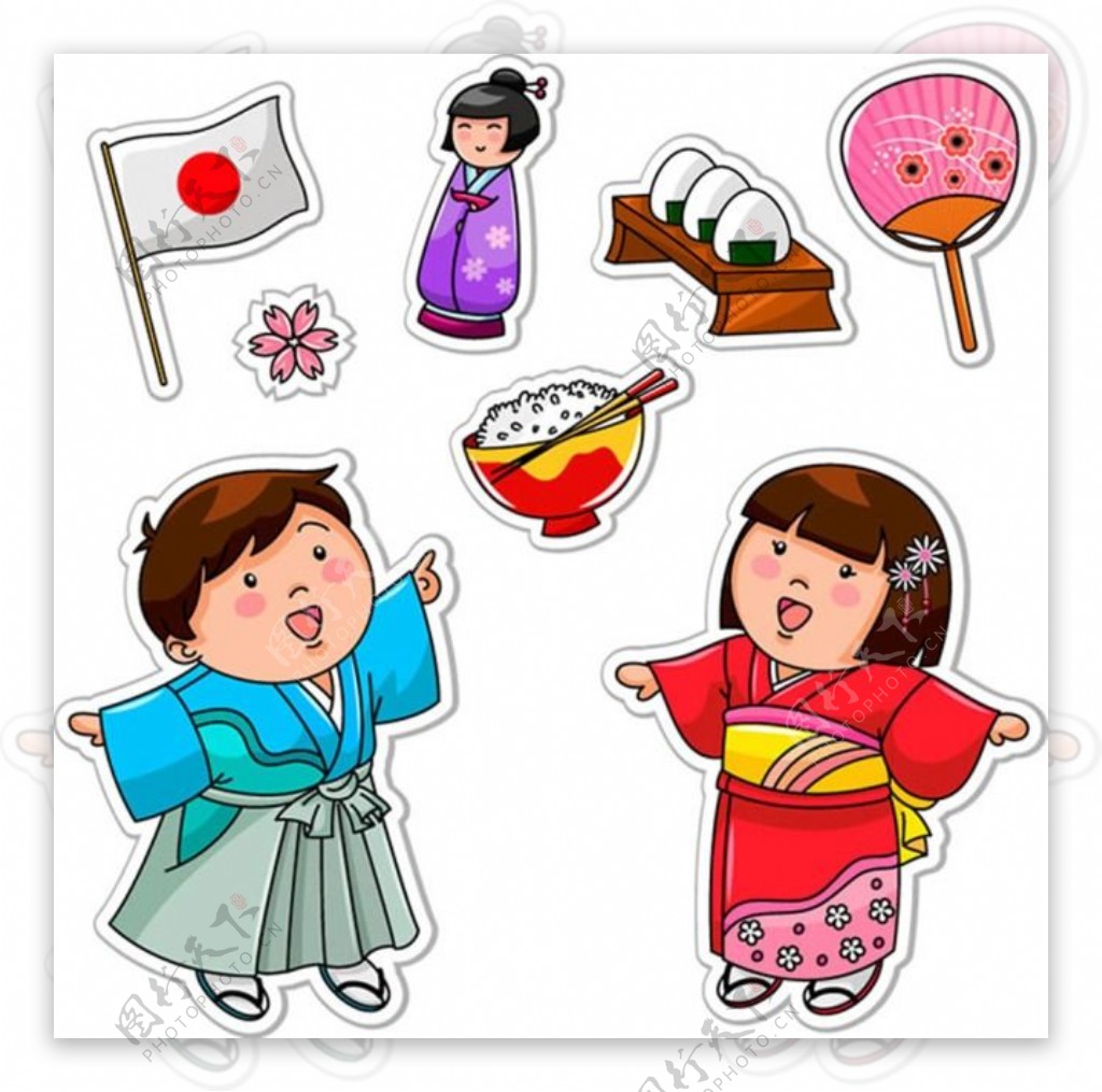 日本娃娃元素贴纸寿司樱花团扇