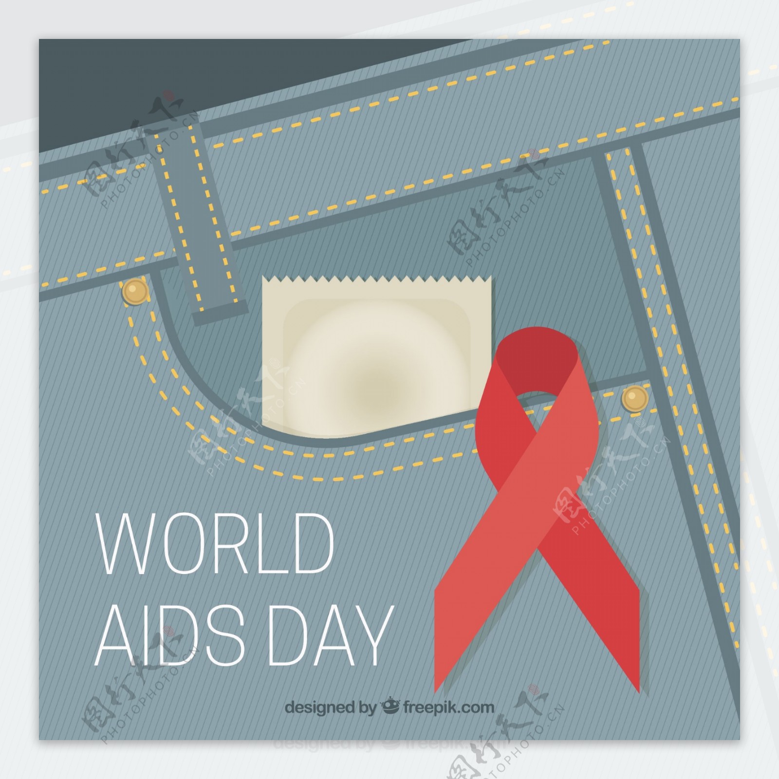 有世界艾滋病日避孕套背景的牛仔裤