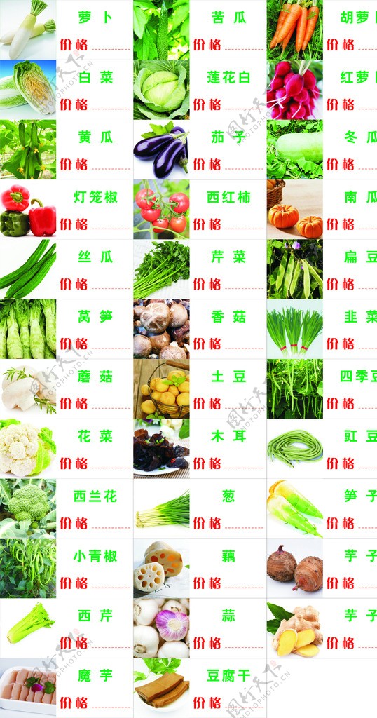 绿色各类蔬菜价格牌