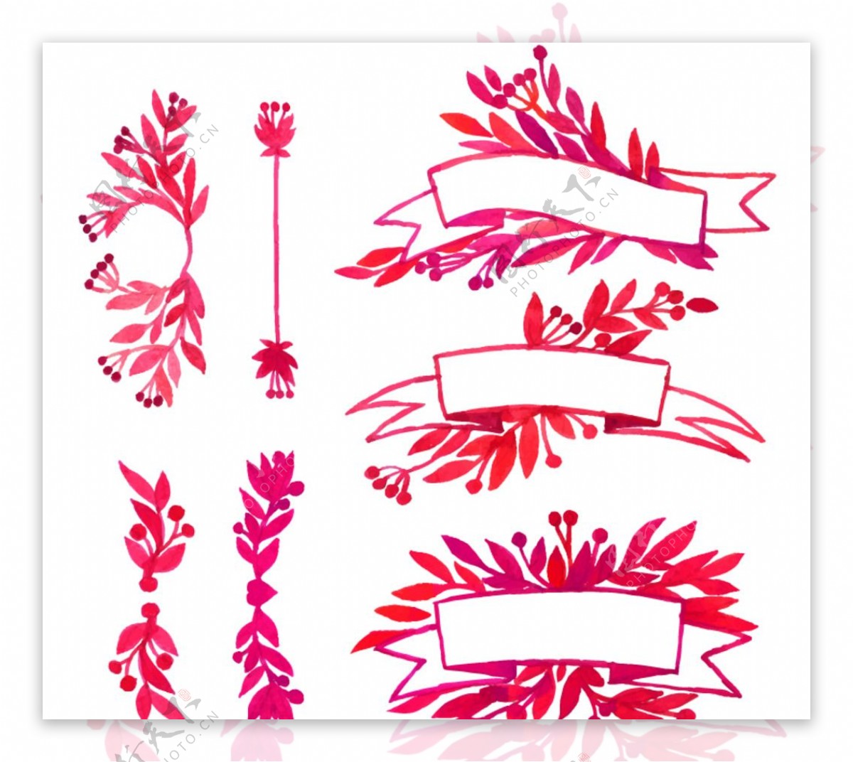 水彩绘丝带与花卉矢量图