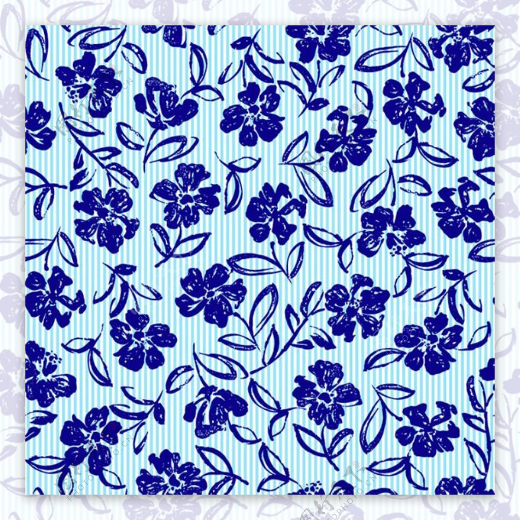 手绘蓝色花卉无缝背景矢量素材下载