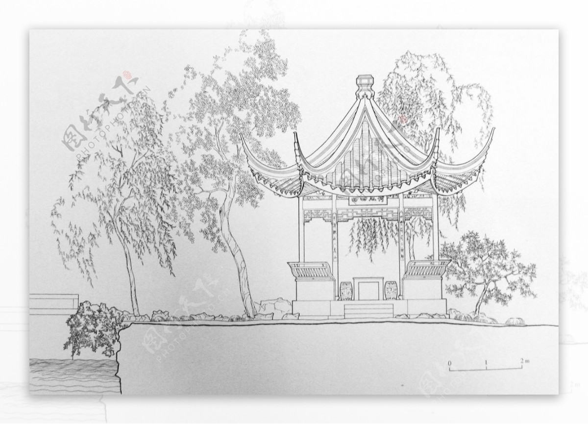 中国风亭子手绘插画图片_装饰图案_设计元素-图行天下素材网