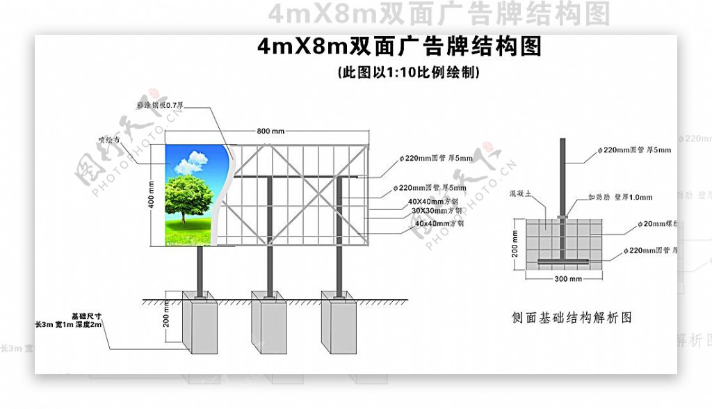 三立柱双面广告牌结构图图片