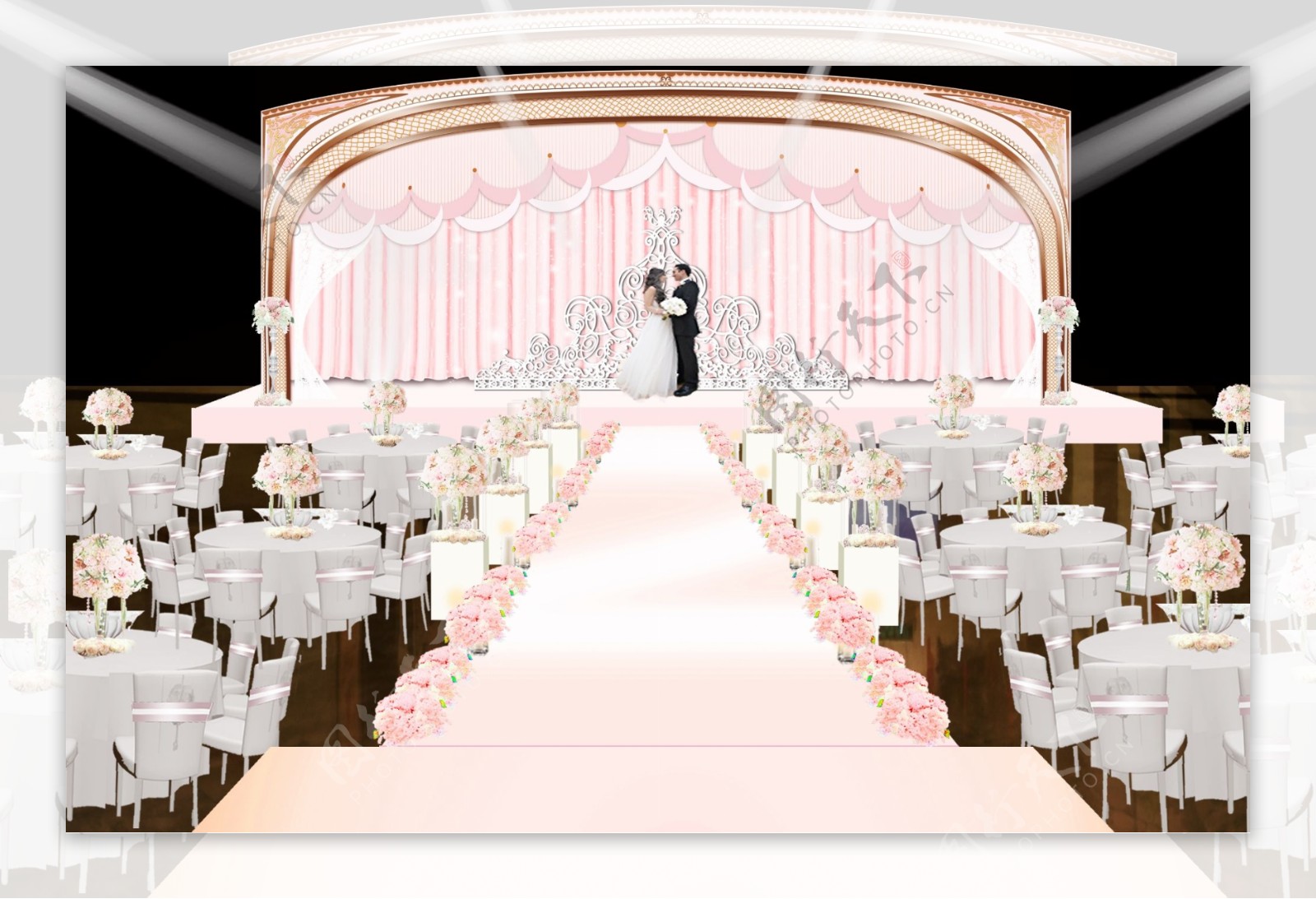 粉白色浪漫皇冠婚礼仪式区效果图