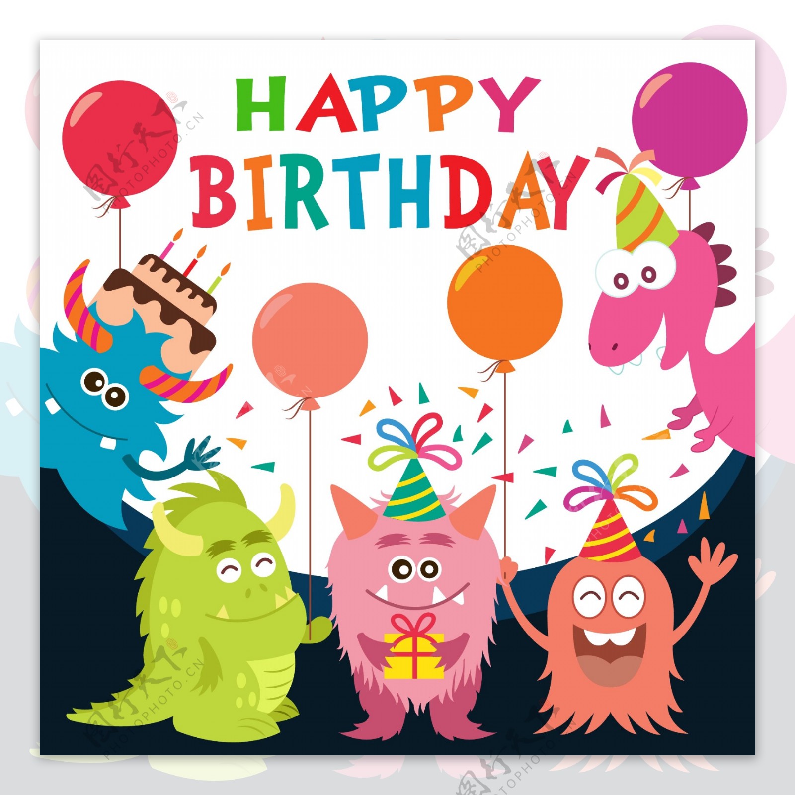 可爱卡通动物气球生日快乐背景
