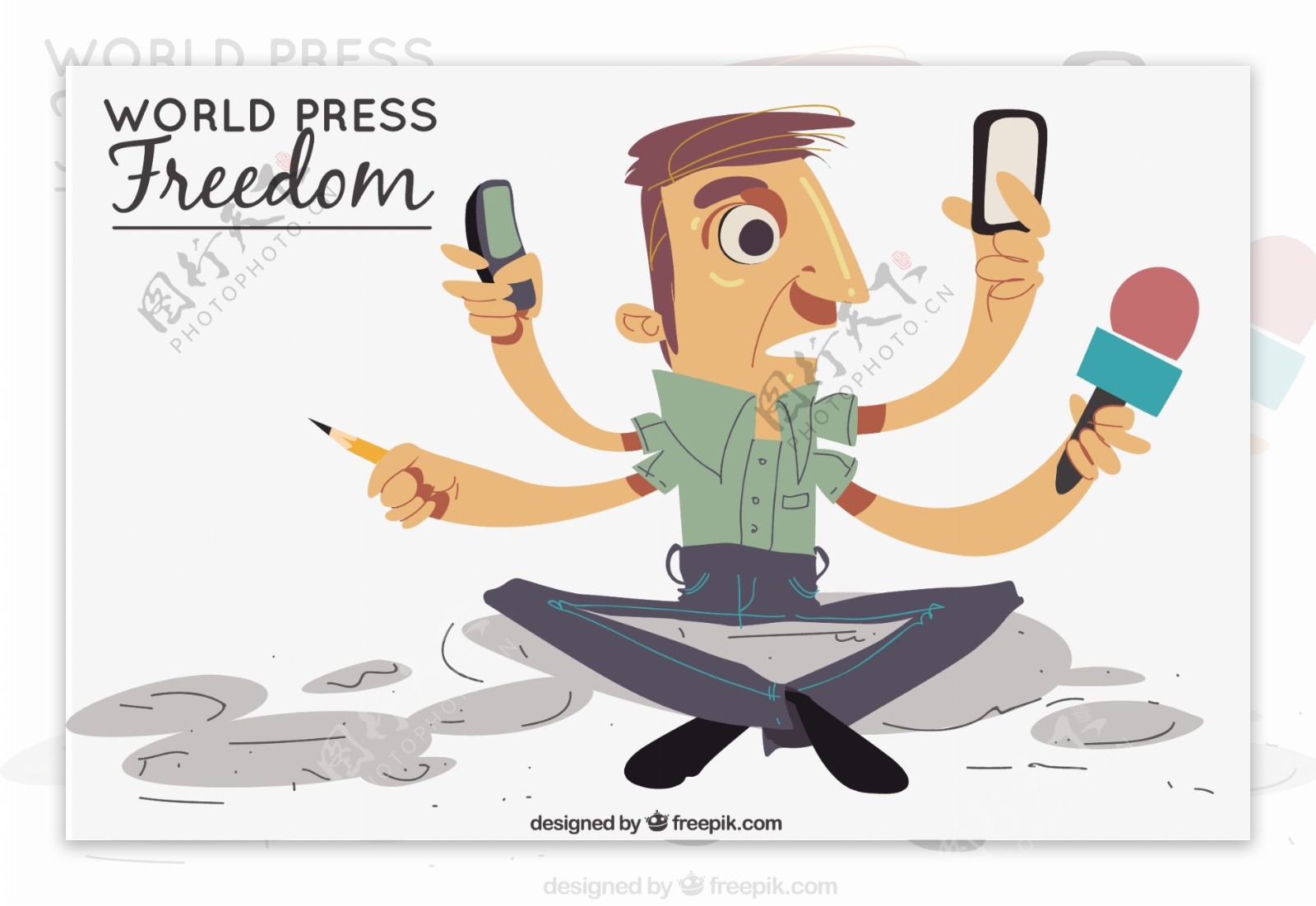 世界新闻自由日四只手的男记者背景
