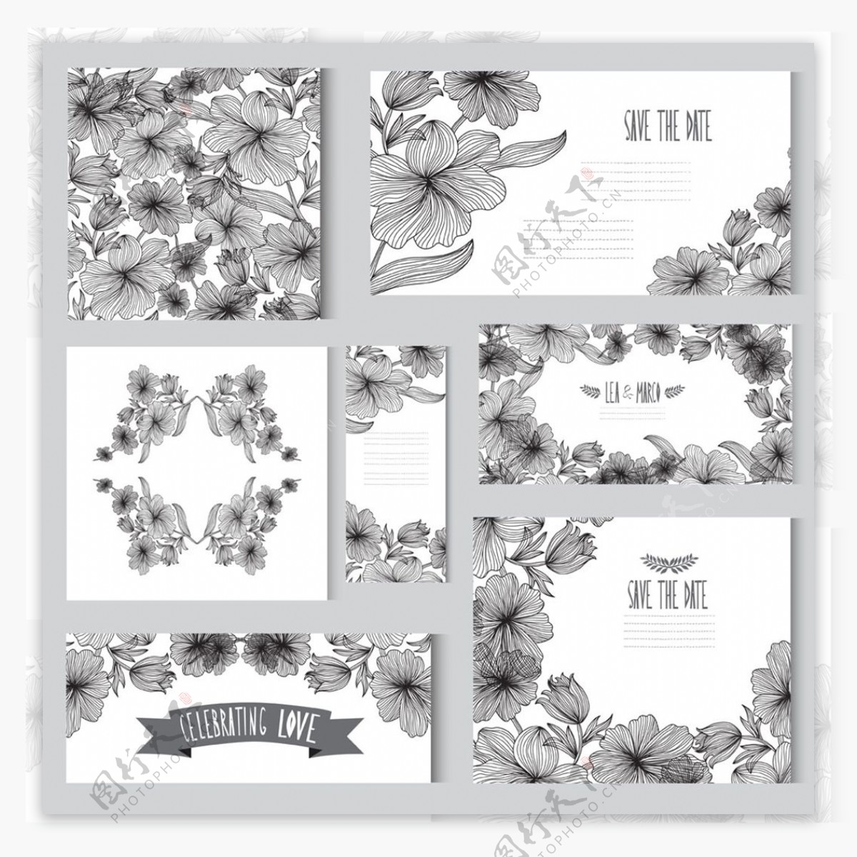 黑白植物花朵婚礼卡片模板下载