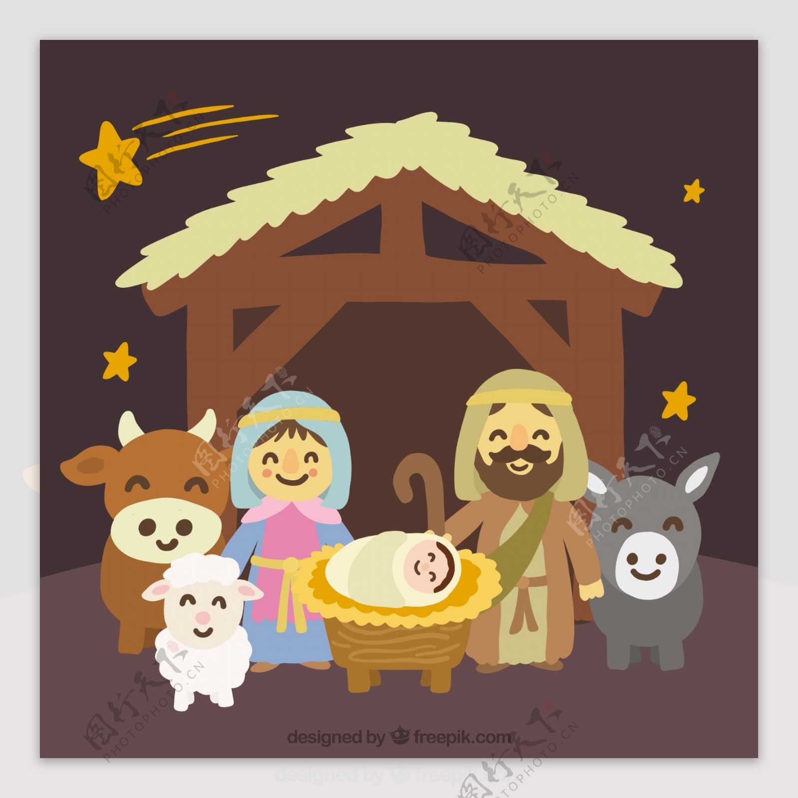 手绘可爱的基督诞生的场景
