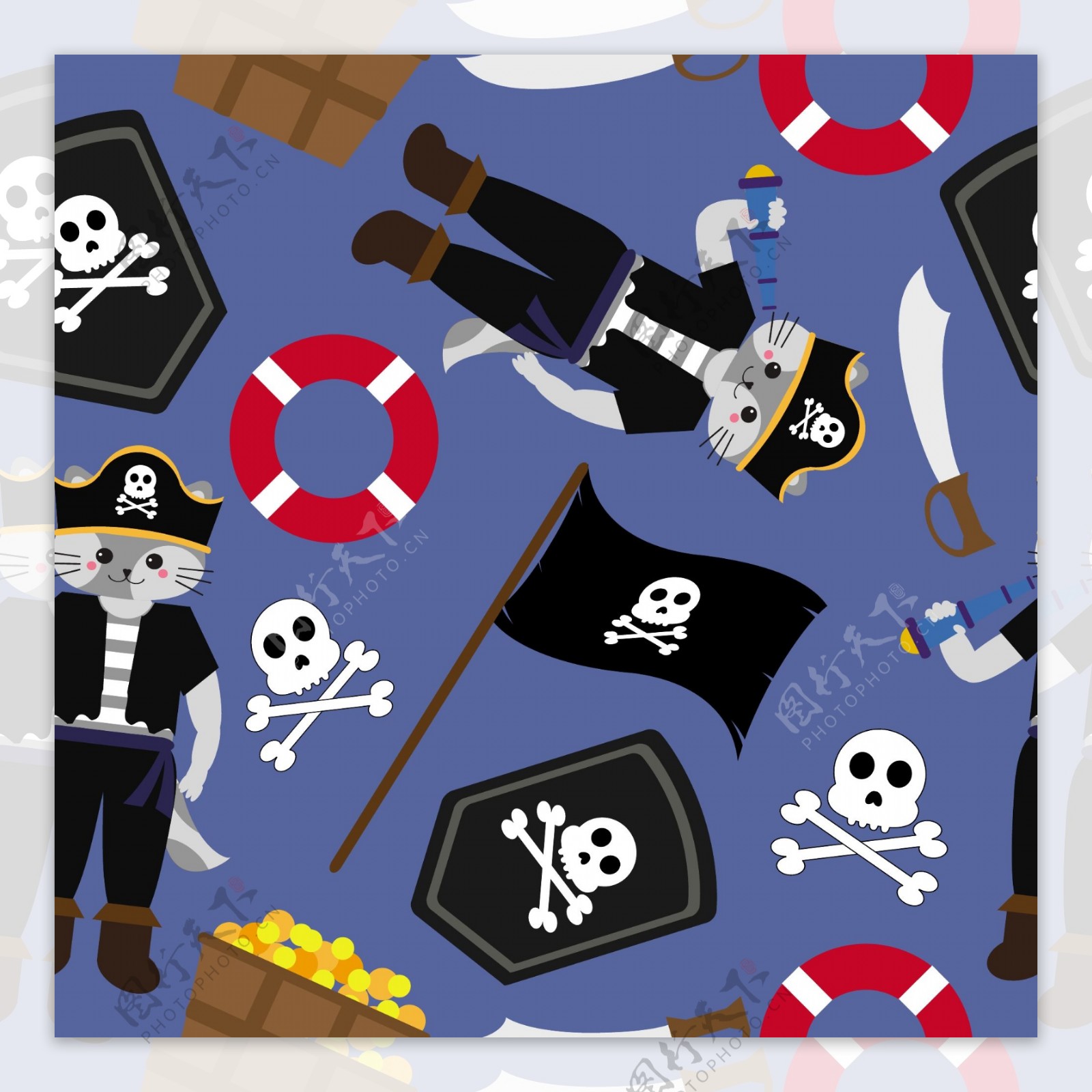 手绘扁平风格海盗装饰元素背景
