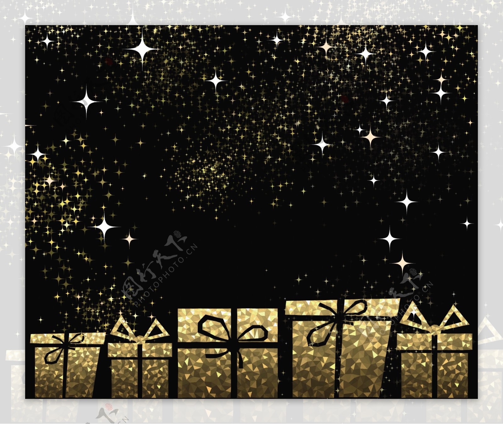 星光与金色圣诞礼品盒和黑色背景矢量素材