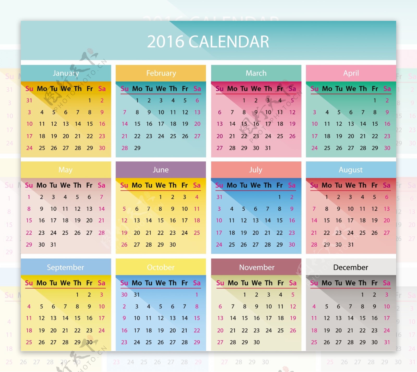 彩色2016年日历表图片