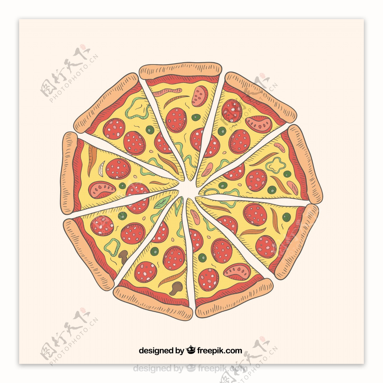 彩色香肠披萨俯视图矢量素材