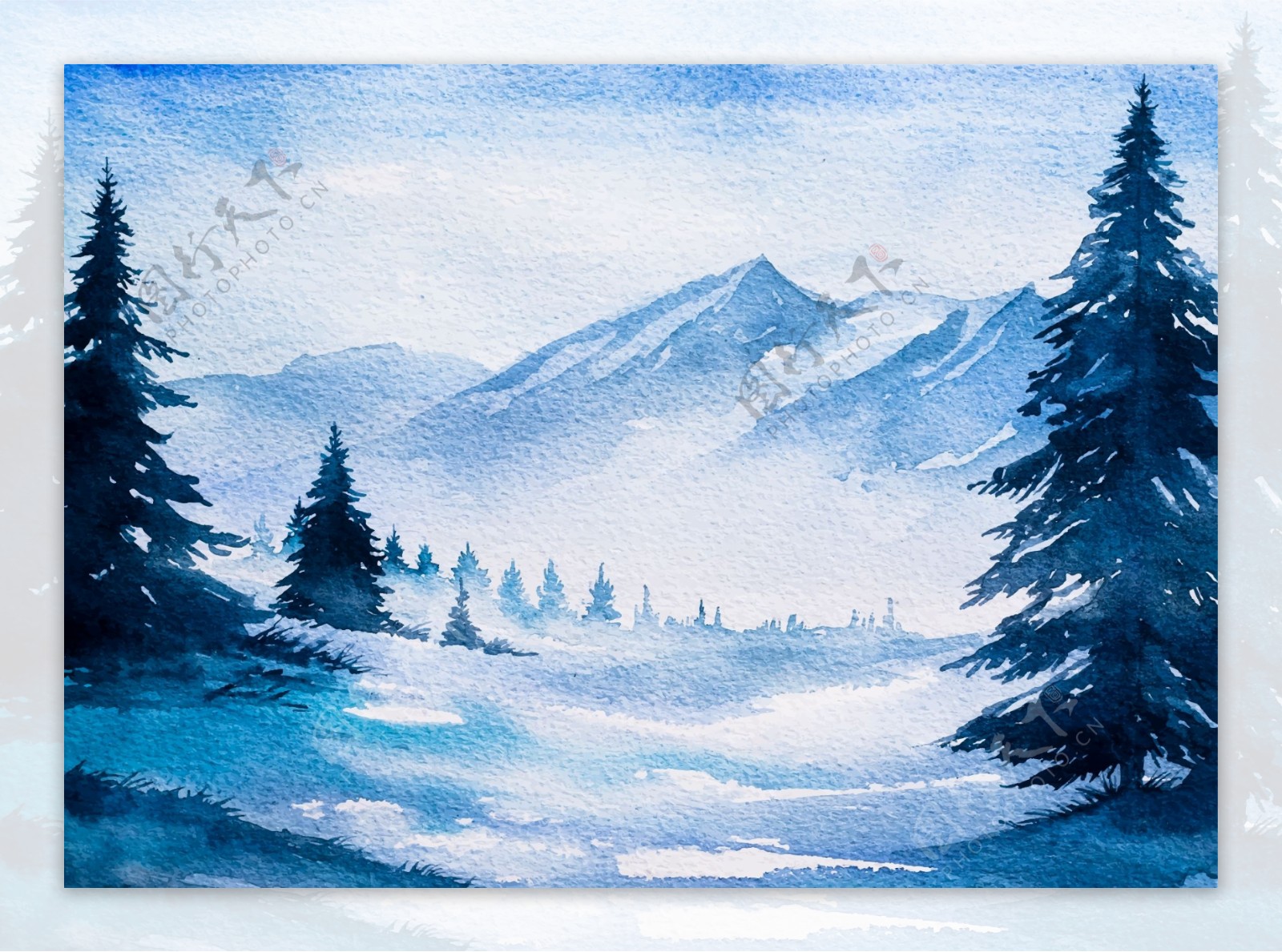 风景童话水彩画冬季森林河边矢量素材